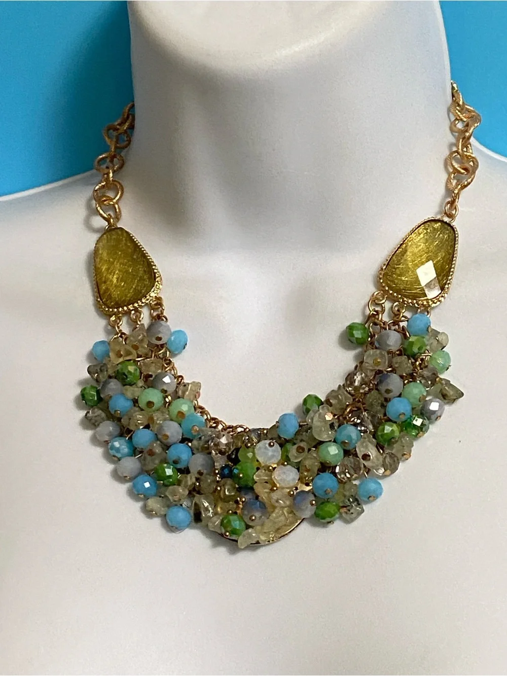 JANICE KEELER Glass Beads Statement Necklace Gold Tone Blue Green